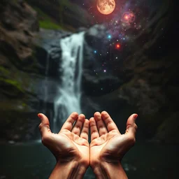 hands cupping a waterfall from the universe