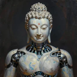 perfectly centered portrait, front view of a beautiful biomechanical android alien robot buddha, male, flowing hair, intense stare, sarcastic smile, symmetrical, concept art, intricate detail, volumetric shadows and lighting, realistic oil painting by tim hildebrandt,