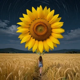 giant yellow sunflower face, girl walking in wheat field, hills, surreal photography, dark night, star trails, dramatic light, impressionist painting, clouds, digital painting, artstation, simon stalenhag