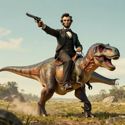 abraham lincoln riding a t - rex holding a hand gun