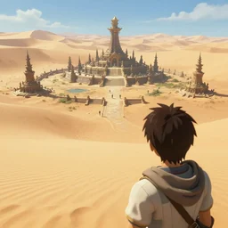 over the shoulder shot of character looking at a godly ancient isolated sacred spiritual alien village built in the oasis of a vast sand desert, 3 rd person action adventure, screenshot, gameplay, final fantasy, square enix, jrpg, cutscene, unreal engine, 4 k, ultra high settings, rtx, next gen graphics, playstation 5, greg rutkowski, tetsuya nomura