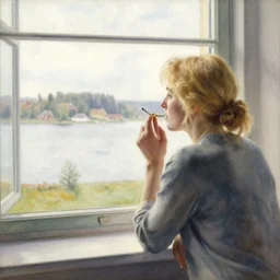 blonde woman smoking a cigarette while looking out through the window, swedish countryside, seaview, morning, calm, watercolor painting by vladimir volegov, carl larsson, anders zorn