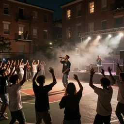 3 d render an old school hip hop concert taking place on a basketball court behind a large brick apartment at night from the view of a rapper that is standing on stage yelling into the mic, many people dancing with their hands in the air, a dj with audio equipment at the back of the stage, photorealistic, unreal engine, foggy, light streaks