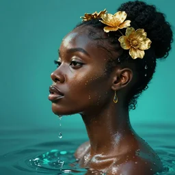 hyperrealistic precisionist cinematic profile very expressive! black oshun goddess, in water! up to shoulders, mirror dripping droplet!, gold flowers, highly detailed face, digital art masterpiece, smooth eric zener cam de leon, dramatic pearlescent turquoise light on one side, dutch angle uhd 8 k, deep focus
