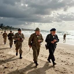 Bert and Ernie storming Omaha beach in the movie saving private ryan