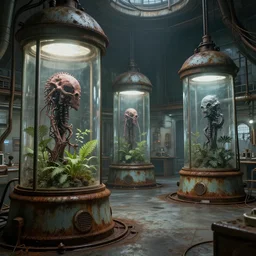 old and rusted desolate futuristic sci fi labs, with biological life growing in huge glass chambers, Wadim Kashin, Simon Stalenhag , H.R Giger, dystopian, featured in artstation, octane render, cinematic, elegant, intricate, 8k
