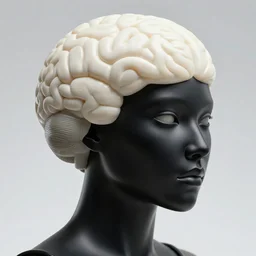 hyper detailed ultra sharp portrait of a beautiful well contoured black porcelain ivory smooth fair cyborg superbrain, up close shot, sharp focus, global illumination, radiant light, biomechanical golden rhizomorphs, cyberpunk brackets, laser cut paper microbes, alexandre ferra white mecha, irakli nadar, alexander mcqueen, octane highly render, 4 k, ultra hd,