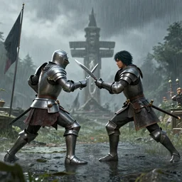 A cinematic wide shot of an epic anime duel between two medieval knights :: raining medieval settings, megascans, extreme detail