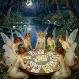 a group of gracious winged fairies playing cards on a table in an atmospheric moonlit forest next to a beautiful pond filled with water lilies, artwork by ida rentoul outhwaite, fairies have wings, detailed, anatomically correct bodies
