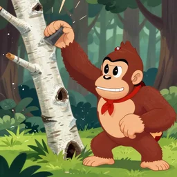 close up of donkey kong in a forest knocking down trees, a white birch tree that has fallen over, donkey kong from nintendo 6 4 wearing a red baseball had and red necktie