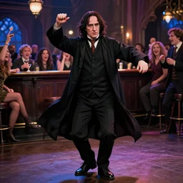 Severus Snape dance in a bar, cheer by everyone, fish lens, neon, realistic, full body, very detailed, super realistic