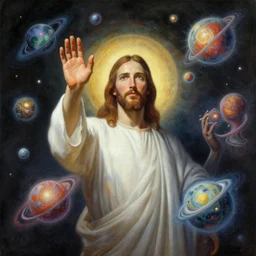 beautiful matte painting art of Jesus waving his hands and creating universes, by Syd Mead, John Harris, Federico Pelat