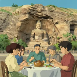 mogao grottoes, people having dinner, in the style of studio ghibli, j. c. leyendecker, greg rutkowski, artem