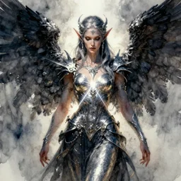 concept art of dark elf angel, pinterest, artstation trending, behance, watercolor, by coby whitmore, silver, laser light,