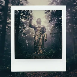 a massive statue in a forest clearing obscured by fog, night, old polaroid, expired film, megalophobia,