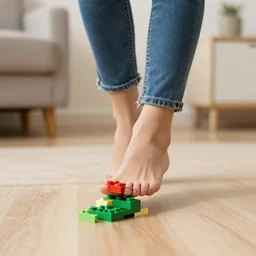 a woman walking that will step on a sharp lego