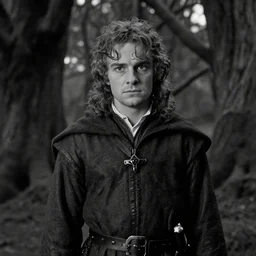 :  A still frame from the film Lord of the Rings directed by Wes Anderson,  70mm, forest, black and white grainy film photography, chiaroscuro, highly detailed, masterpiece