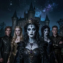 Portrait of a Queen of Void and Cosmos, atmospheric lighting,m, intricate, gothic makeup, Transylvanian castle, volumetric lighting, beautiful, starlit sky, sharp focus, ultra-detailed, by Tom Bagshaw Leesha Hannigan, Ross Tran, Thierry Doizon, Kai Carpenter, Ignacio Fernández Ríos