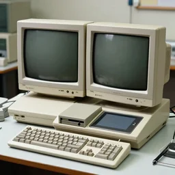 digital photo of a dual - screen personal - computer designed in the 1 9 7 0 s with a magneto - optical drive and pen tablet, in a workshop. crt monitors, mechanical keyboard. cassette futurism ; retrofuturism.