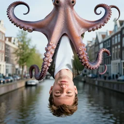 closeup portrait of a man held upside down by a giant octopus tentacle in an amsterdam canal, huge octopus, photograph, natural light, sharp, detailed face, magazine, press, photo, steve mccurry, david lazar, canon, nikon, focus