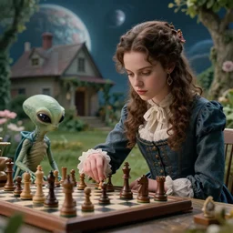 detailed, sharp, a girl playing chess with her pet alien creature, wearing 1850s era clothes, in the garden of a house on an alien planet, extremely highly detailed, hyperrealistic, highly detailed faces, 70 mm still from a period sci fi movie, 4k
