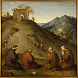 landscape with praying monks, painting in the style of pecori
