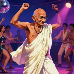 anime style art of mahatma gandhi disco dancing in a club, high - quality, detailed, pulp fiction, vivid colors