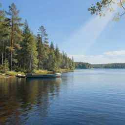 portrait of a large lake with a boat near a pine forest, highly detailed, sunny, blue sky, cinematic lighting, highly angle, godrays, volumetric, photorealistic, digital art painting by greg rutkowski