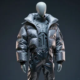 a intricate, beautiful mannequin designed by hans boodt, ash thorp, wearing a futuristic cyberpunk garment, puffy jacket, shiny trousers, cinematic lighting, fashion photography