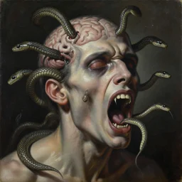 an oil on canvas painting of a screaming decapitated man's partially decomposing face with many biting serpents swarming out of his exposed brain and into his mouth, a surrealist painting, polycount, surrealism, surrealist, lovecraftian, cosmic horror, high detailed
