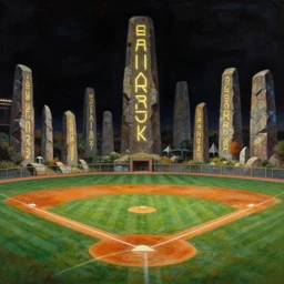 a baseball field with ancient monoliths with glowing runes. highly detailed science fiction painting by daniel romanovsky, norman rockwell, syd mead. rich colors, high contrast, gloomy atmosphere, dark background.
