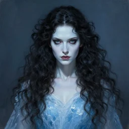 ice queen with long dark curly hair, stoic, pale skin, dramatic, epic painting, painted by artgerm and wlop, cgsociety, beautiful, artbreeder, artstation, octane render, sharpness, 8 k, golden ratio