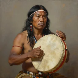 a realistic painting of indigenous man playing shamanic drum, highly detailed, matte painting, fantasy art