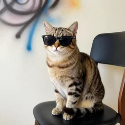 a cat sitting in a chair, wearing a pair of sunglasses, spraypainted on a wall