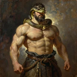 subject: muscular oversized snake warrior in medium shot backlight portrait, style:  very heavy textured rembrandt oil painting with dramatic light
