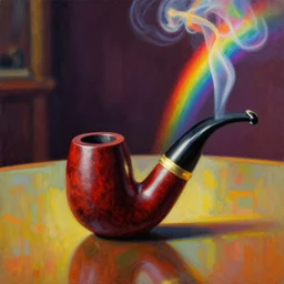 ! dream a picture of a tobacco pipe on a table, rainbow smoke, close up, a detailed painting by mort kunstler, pixiv, kitsch movement, movie poster, official art