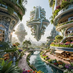 biophilic futuristic scifi suspended city gardens architectural landscape, fluidity, colorful flowers, porcelain, beautiful morning light, canal bridge paths pedestrian cafes, interior, water, metallic, grass, trees, modular buildings, vincent callebaut composition, high detailed, ultra sharp, 1 5 0 mm, 8 k, unreal engine, hdr