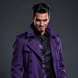 portrait, a slender ringleader, wearing purple and black ringleader attire, well dressed purple ringleader trenchcoat, nefarious smirk, tan skin, black hair, trickster, goatee, style by donato giancola, wayne reynolds, jeff easley dramatic light, high detail, cinematic lighting, artstation, dungeons and dragons
