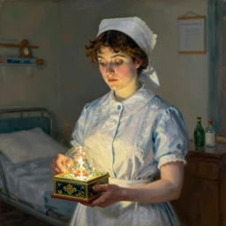 vintage beautiful painting of a nurse holding a small sacred glowing box inside of a sanatorium in Mary Cassatt style