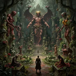 doom eternal concept art by brueghel, mcu movie still frame of hell scene by jakub rozalski, garden of eternal delights hell by hieronymus bosh