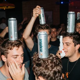 People crush beer cans on their heads