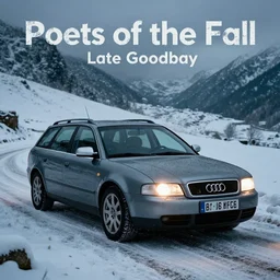 Audi A4 B6 Avant (2002), a gritty neo-noir, Robot horror, dramatic bright lighting, cinematic, establishing shot, extremely high detail, photorealistic, cinematic lighting, artstation, by simon stalenhag, Snowy italian road, Snowy Apennines, At night, Poets of the Fall - Late Goodbye