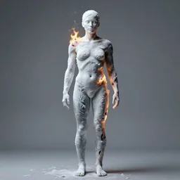 person half burning half frozen, full body art, realistic detailed concept art, digital art, hyperrealistic