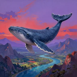 digital painting of a huge whale with tiny small little wings, the whale is flying over the landscape, the landscape is filled with mountains, violet red colorful vibrant sky, vibrant water river, fully detailed, high quality painting, matte painting, trending on artstation, trending on deviant art