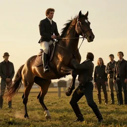 the horse subdues the man while riding, volumetric lighting, beautiful, golden hour, sharp focus, ultra detailed, cgsociety by leesha hannigan, ross tran, thierry doizon, kai carpenter, ignacio fernandez rios, noir photorealism, film
