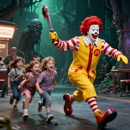 dystopian lovecraftian mcdonalds 2 0 2 0 tv commercial starring ronald! mcdonald! the clown with a bloody hatchet! chasing! a smiling happy family in the style of h. r. giger
