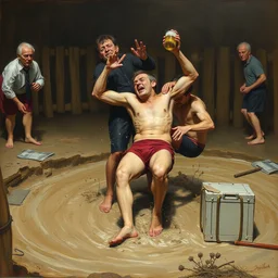 3 drunks fall over mud - wrestling,, where's wally, oil painted ( ( by francis bacon ) )