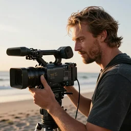 a closeup photorealistic photograph of wayne gretzky operating a video camera at the beach during sunset. film set. bright scene. fine detail. this 4 k hd image is trending on artstation, featured on behance, well - rendered, extra crisp, features intricate detail, epic composition and the style of unreal engine.