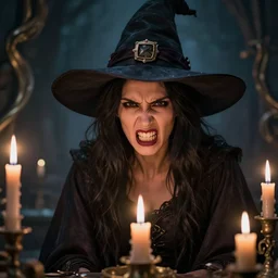 portrait of angry witch, candles, beautiful, jaw dropping, 4 k, sharp focus, intricate and ornate, octane render