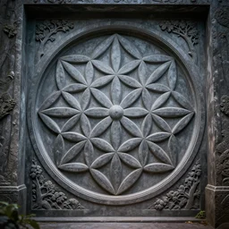 flower of life etched onto the door of a tomb, trees, trending on artstation, ambient light, 4 k, masterpiece
